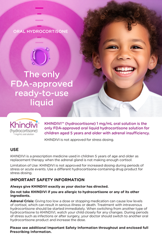 Caregiver brochure cover featuring a smiling kid in front of a purple background with a droplet in the center of a purple bullseye.