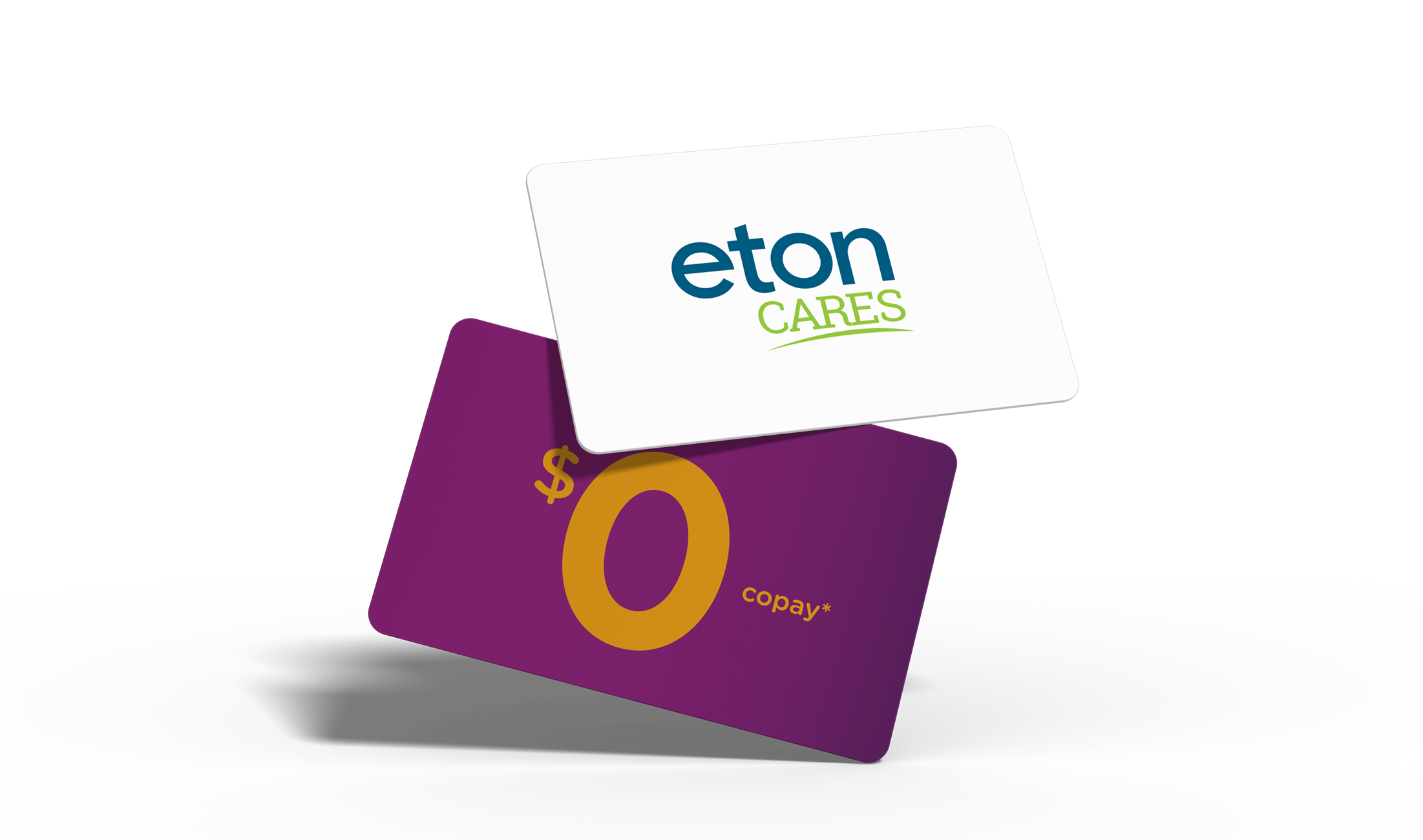 A white card with Eton Cares logo on top of a purple card with $0 copay on a purple background.