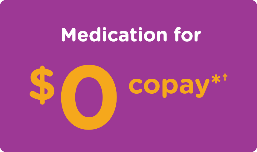 Purple card with $0 copay against a purple background. 