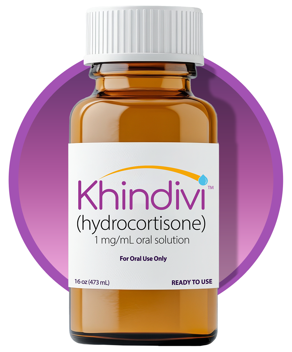 A depiction of a brown bottle of oral hydrocortisone solution with a white lid and white label with the KHINDIVI logo in purple.