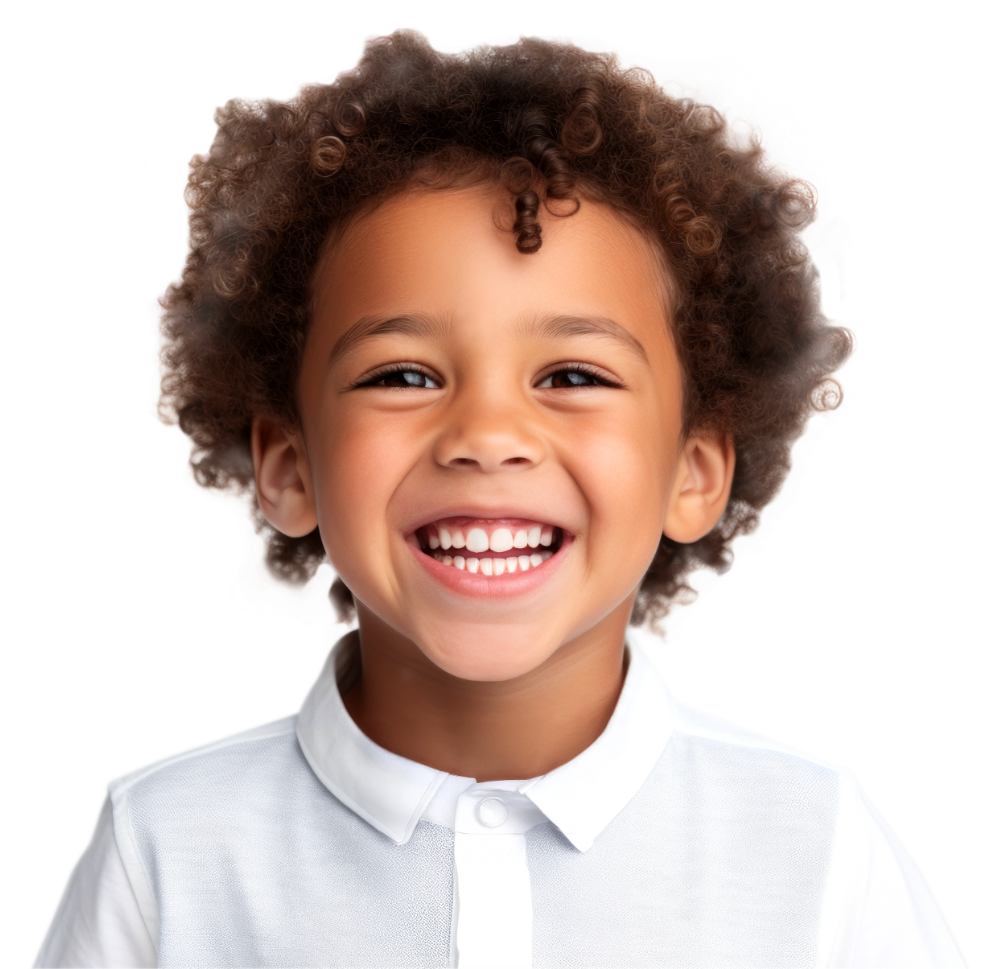 A smiling young child in a white shirt.